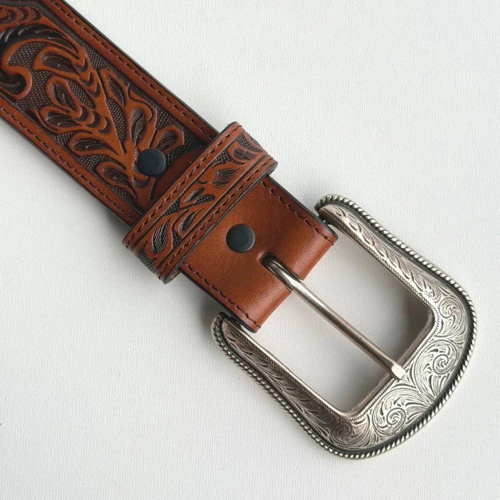 3-D Belt Co Handtooled Leather Belt Mens 42 Western Barbed Wire Braid Brown